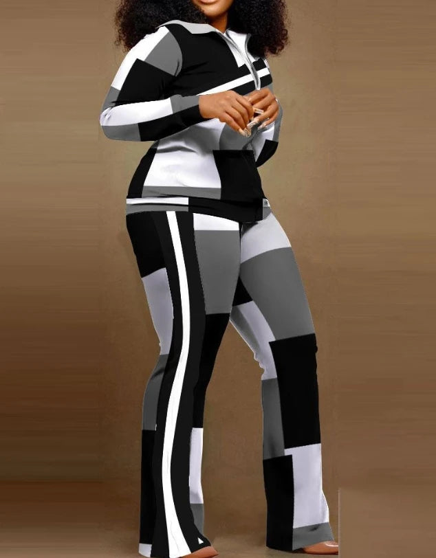 Women’s 2023 Autumn Two-Piece Set – Geometric Print Stand Collar Zip-Up Top & Casual Sporty Pants