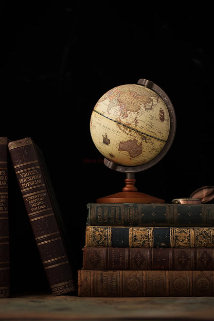 New World Globe – Retro Earth Map with Wooden Base, English Geography Education Desk Decoration