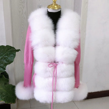 Women’s Spring & Autumn Sweater Cardigan – Real Fox Fur Collar Jacket, Natural Fur Outerwear