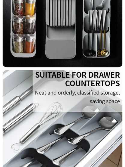 Kitchen Drawer Cutlery Organizer – Knife, Spoon & Fork Storage Tray with Spice Bottle Holder