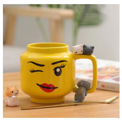 Cartoon Ceramic Mug 250ML - Cute Impish Expression Figure Head Pattern, Coffee Milk Tea Drinkware for Couples, Friends, and Family