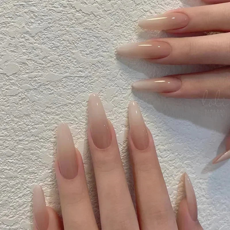 24Pcs French Press On Nails - Almond Fake Nail Tips with Glue, White Edge Design & Pink Stiletto Style Manicure Set