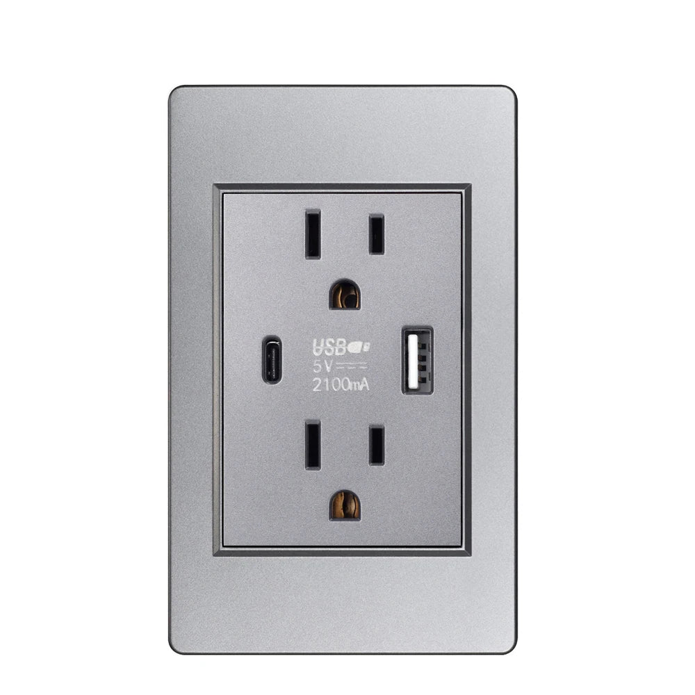 US Plug with USB Type-C Charging Port – 5V 2.1A, Household Electrical Wall Outlet for America & Mexico, 118x72mm PC Panel