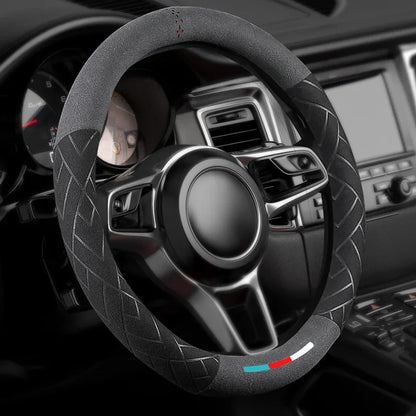 Universal Cowhide Suede Steering Wheel Cover — Breathable 37-38cm Car Accessory Wrap