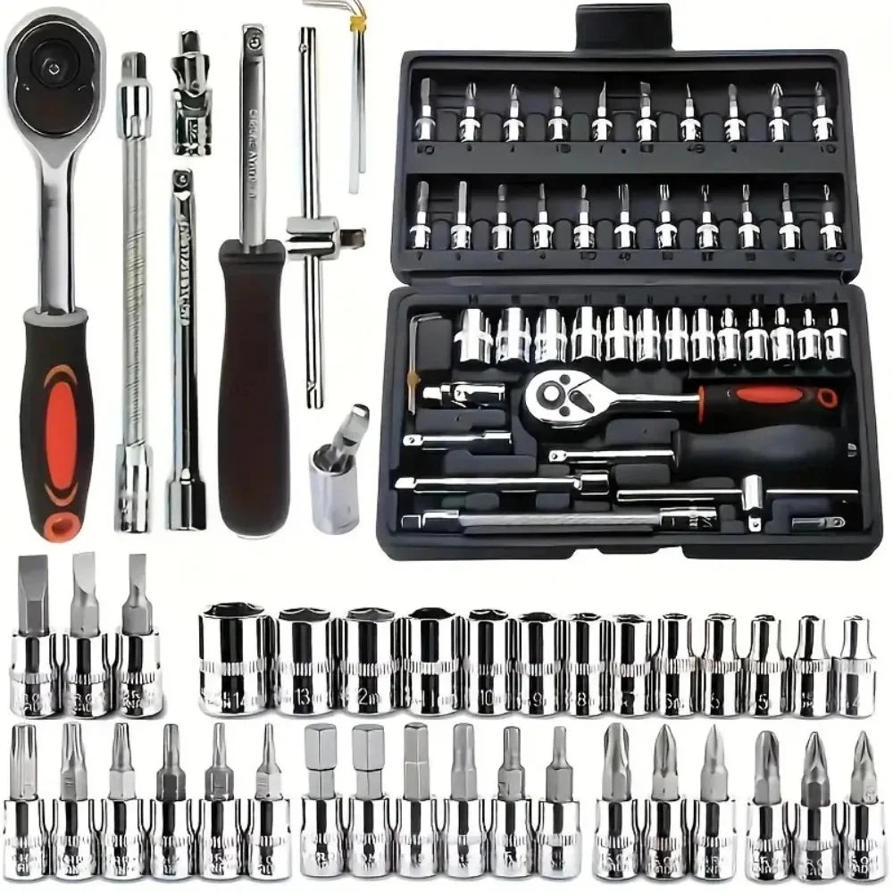 46-Piece Auto Repair Ratchet Wrench Tool Set – Vehicle Socket & Maintenance Toolbox Kit