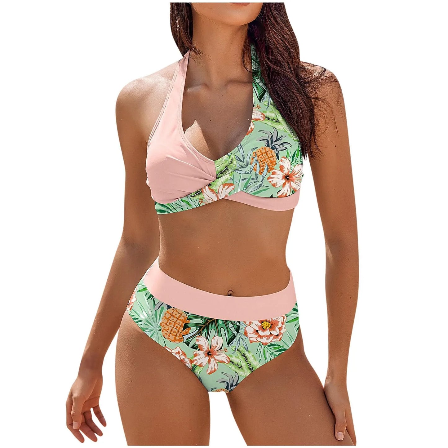 Floral Colour Block High Waist Bikini – Women's Two-Piece Swimsuit Teen Beachwear 2024 Trend