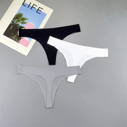 3PCS Ice Silk Seamless Thong Set for Women – Solid Low Rise Sexy G-String Sports Underwear, S-XL Sizes