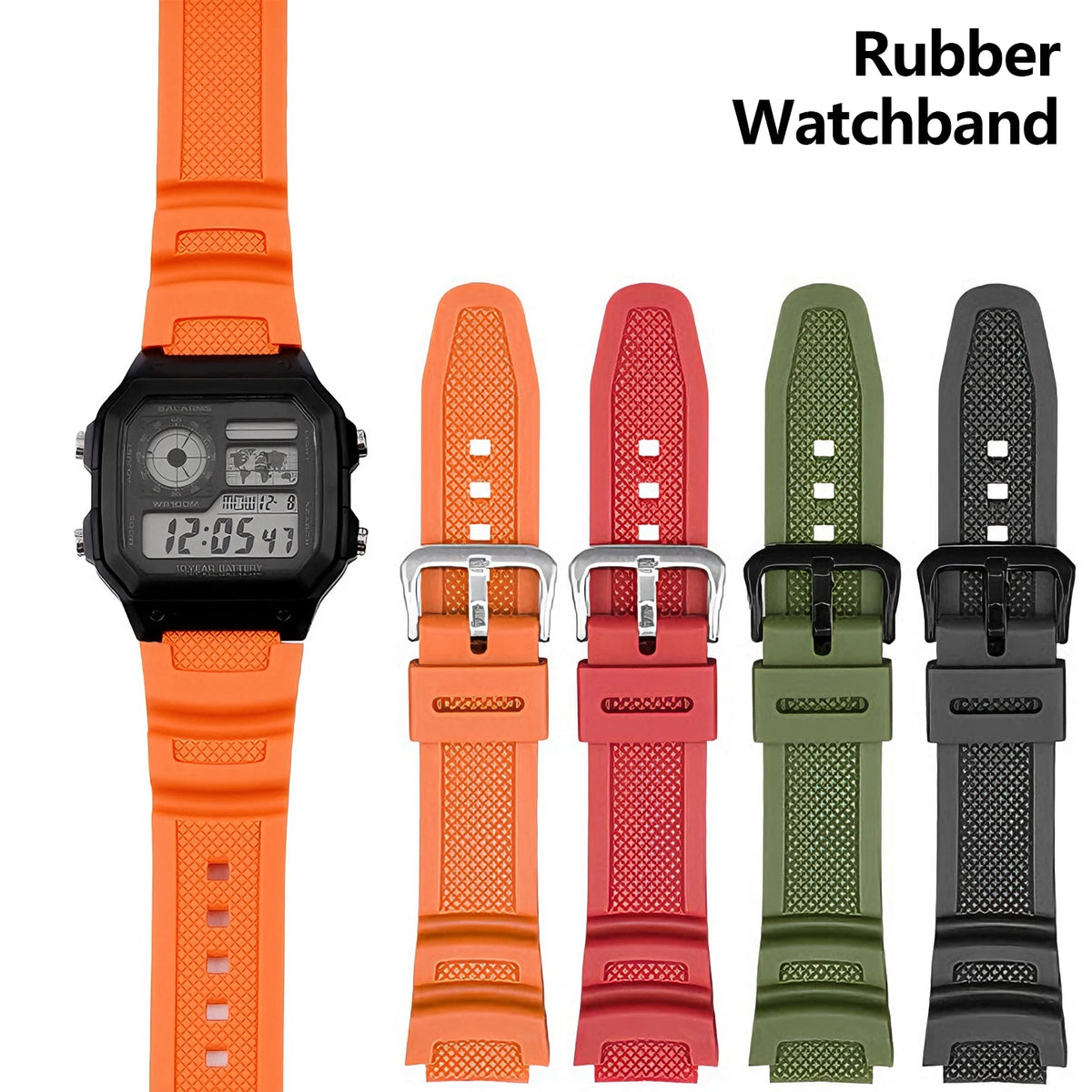 Rubber Silicone Watchband for Casio F-108WH, W-216H, W-218H, W-215, W-752, W-S200H & SGW-400/500H - Waterproof Replacement Watch Strap
