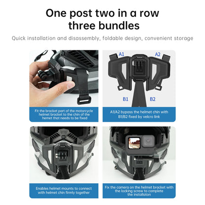 TELESIN Motorcycle Helmet Chin Mount Strap – Foldable Front Mount for GoPro 13/12/11/10/9, DJI Osmo Action & Insta360 Accessories