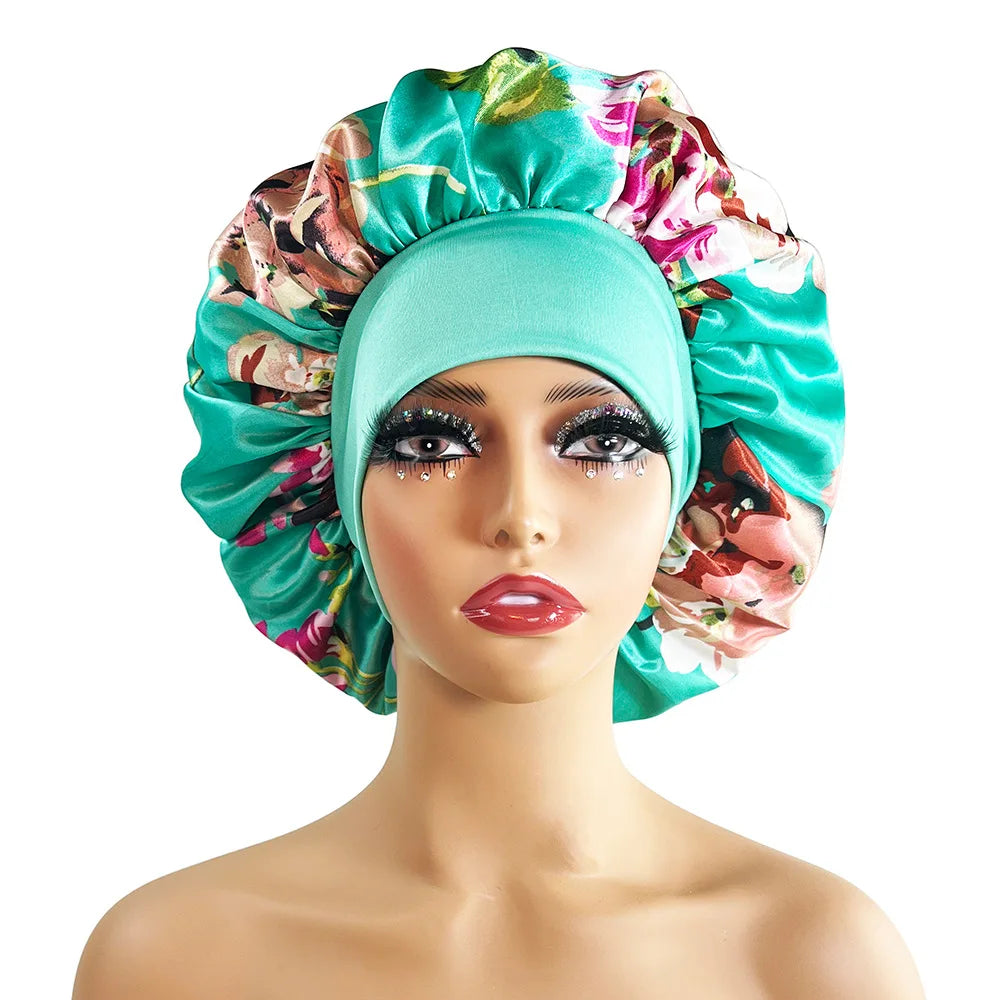 Large Satin Bonnet for Women - Flower Print Silk Sleep Cap with Elastic Band for Braids, Curly & High-Density Hair