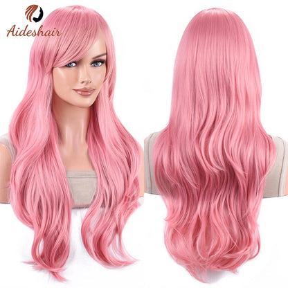 Aideshair 28" Long Wavy Curly Synthetic Wig – Heat Resistant Cosplay Wig for Women with Free Wig Cap