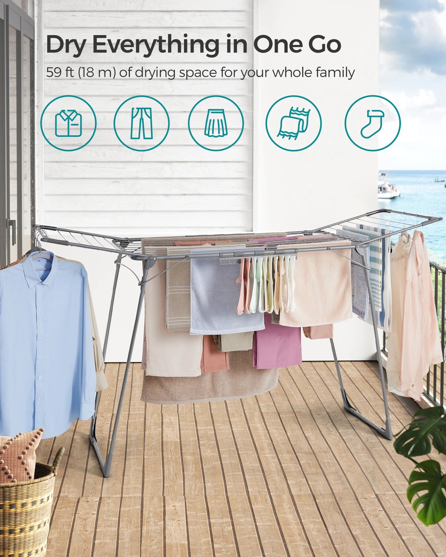 SONGMICS Foldable Gullwing Clothes Drying Rack – Space-Saving Laundry Rack with Sock Clips, 22.2"x68.1"x38"