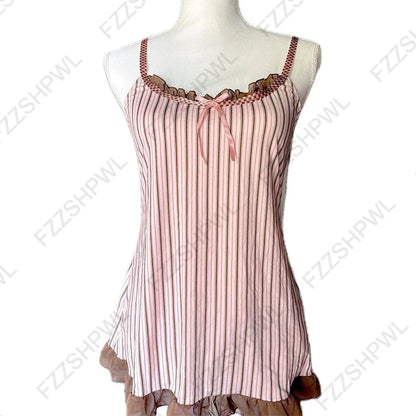 Y2K Harajuku Striped Bow Camisole Crop Top - Retro Kawaii Women's Streetwear