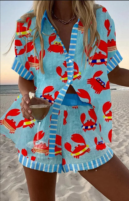 Women’s Summer 2-Piece Set – Lapel Short-Sleeve Shirt & Shorts, Elegant Loose Printed Outfit