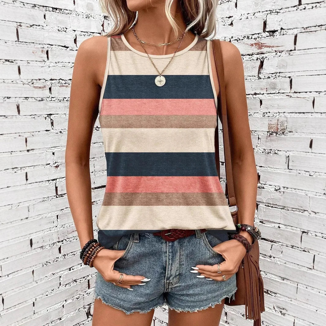 Women’s Fashion Stripe 3D Print Tank Top – Summer Casual O-Neck Off-Shoulder Y2K Sleeveless Camisole Vest