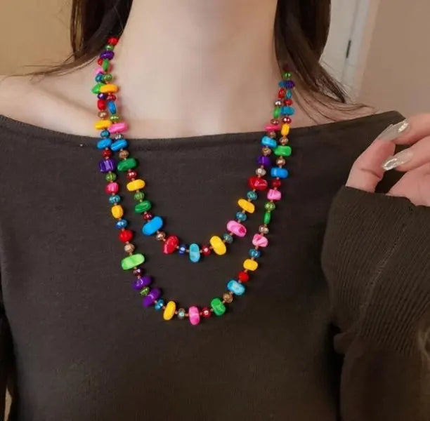 Bohemian Natural Stone Necklace - Handmade Double Layer Crystal Bead Long Chain Jewelry Gift for Women
