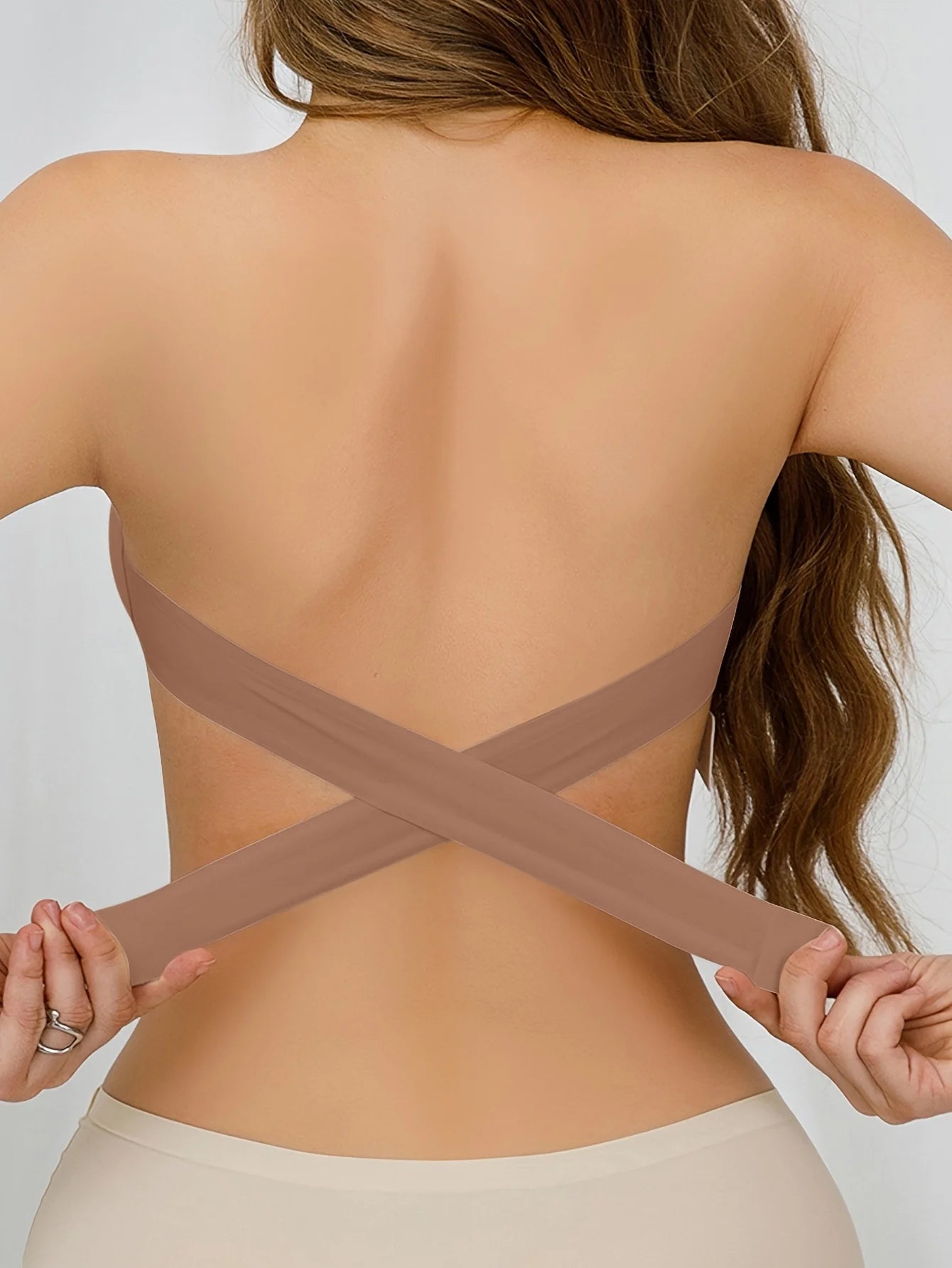 Strapless Bra with Side Clasps – Nylon Knit Fabric, Removable Padding & Crisscross Strap Details