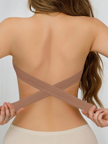 Strapless Bra with Side Clasps – Nylon Knit Fabric, Removable Padding & Crisscross Strap Details