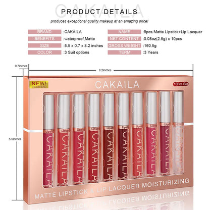 CAKAILA 10-Piece Nude Matte Lip Gloss Set – Waterproof Velvet Liquid Lipstick & Moisturizing Lip Tint for Women
