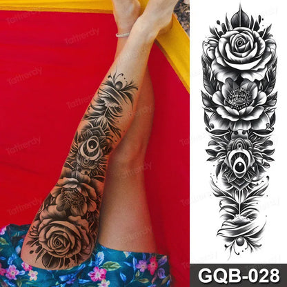Full Arm Dragon Skull Tattoo Sleeve - Waterproof Temporary Body Art Sticker with Clock Compass Flower Design for Men & Women