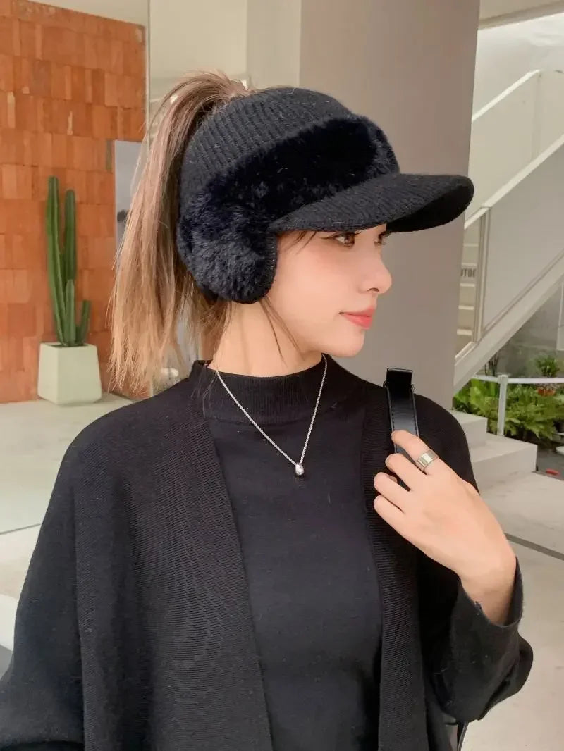 Winter Hats for Women 2023 – Fashionable Knitted Earflap Baseball Cap, Windproof Ponytail Visor for Outdoor Sports