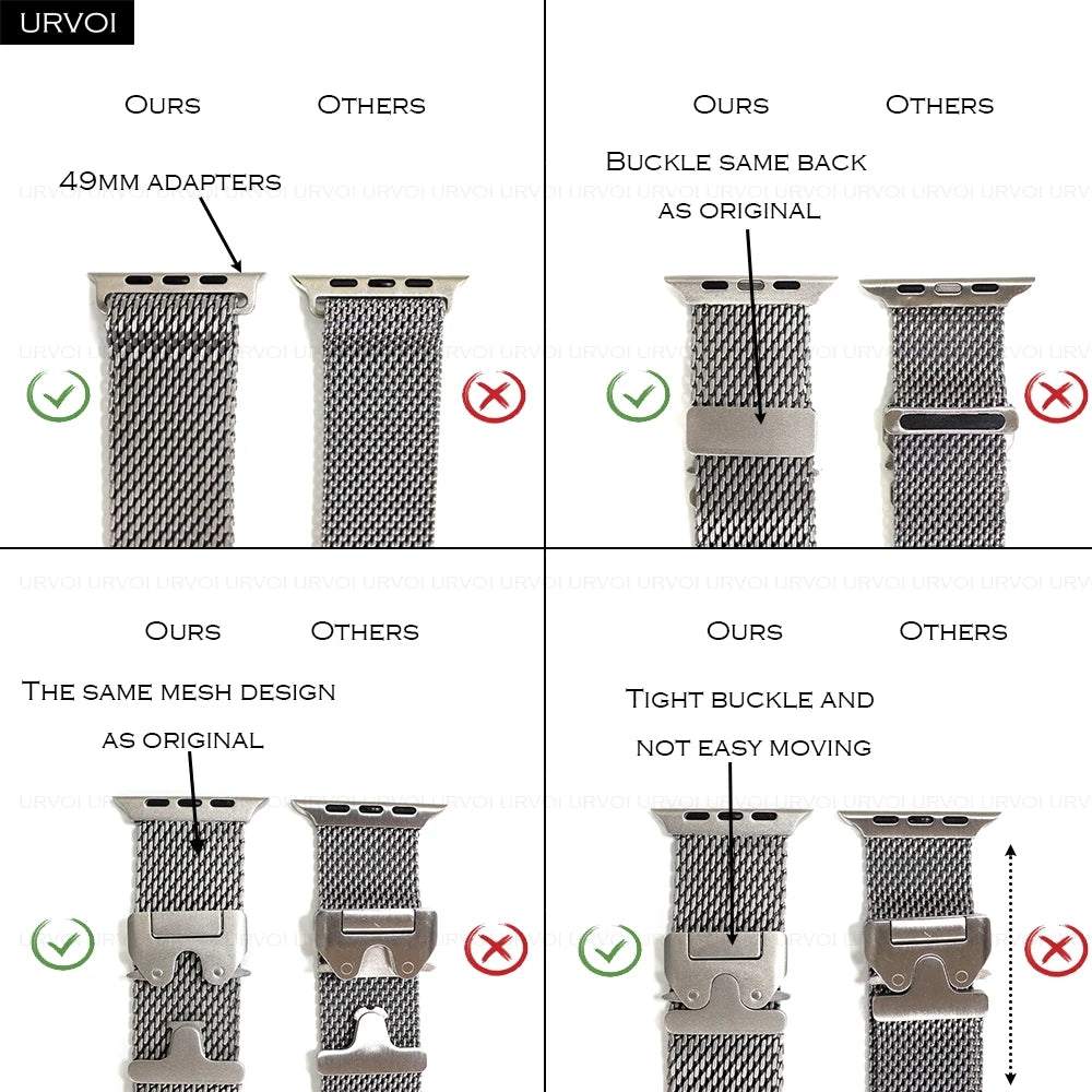 URVOI Stainless Steel Mesh Band for Apple Watch Ultra 2/1, Series 10/9 – 316L Secure Parachute Buckle, 46/49mm