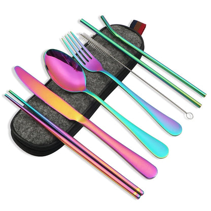 8-Piece Reusable Travel Cutlery Set — Stainless Steel Spoon, Fork, Chopsticks & Straw with Portable Case
