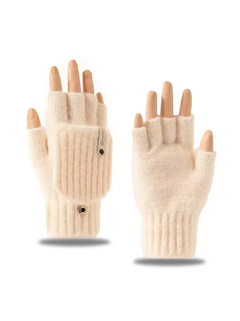 Girls’ Woolen Fingerless Gloves - Warm Cute Exposed-Finger Winter Gloves for Students