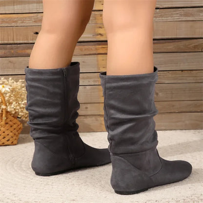 Women’s High-Top Casual Boots – Folded Zipper, Flat Bottom, Alligator Patterned Comfortable Footwear
