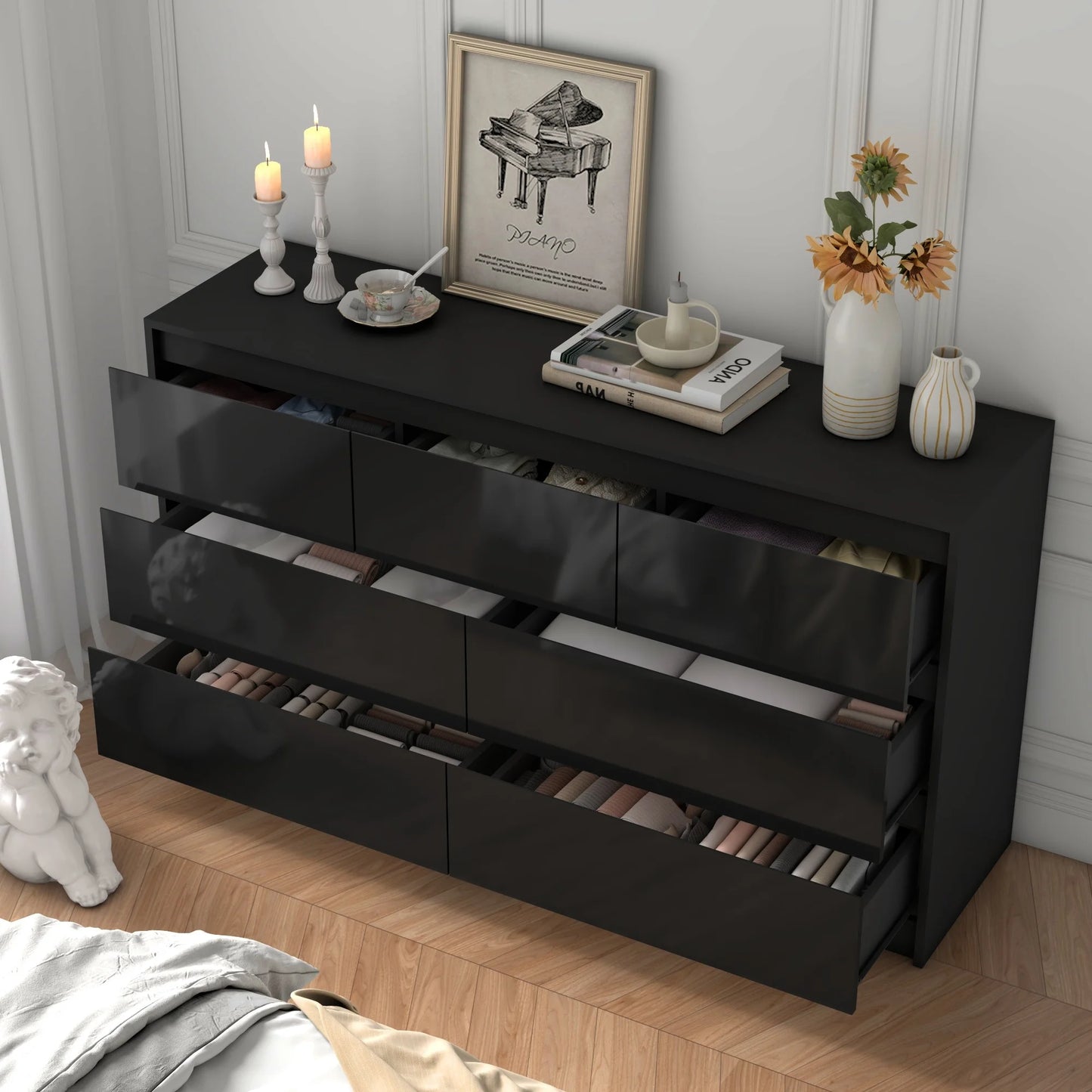 55-Inch Modern 7-Drawer Dresser – High Gloss White/Black Wooden Chest for Bedroom Storage