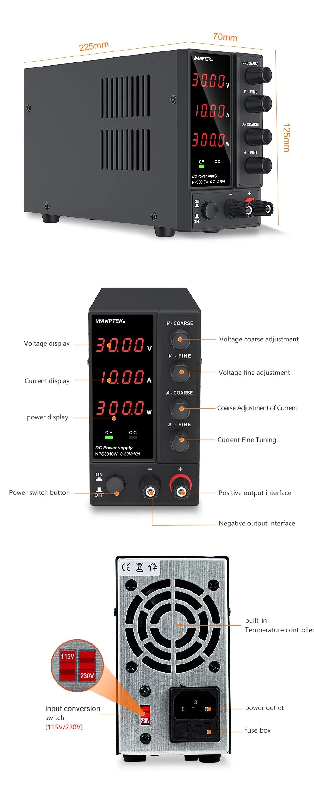 Wanptek DC Power Supply – Adjustable 30V 10A / 60V 5A Lab Bench Voltage Regulator, Variable 120V 3A Power Supply