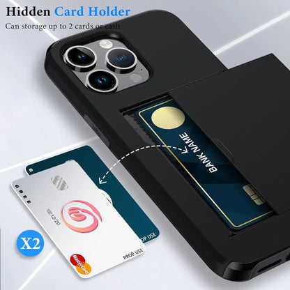 iPhone Case for 16 Pro Max, 15 Plus, 14 Pro Max, 13, 12, 11 – Slim Hard PC Wallet Card Holder with Slide Slot, Heavy Duty Protective Cover