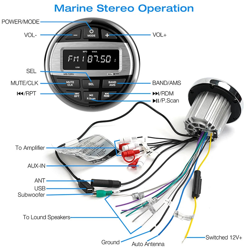 Boat Radio Media Player – Waterproof Marine Stereo MP3 Bluetooth Audio, FM/AM Receiver for Harvesters, ATV, UTV, SPA, RZR
