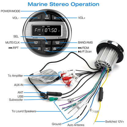 Boat Radio Media Player – Waterproof Marine Stereo MP3 Bluetooth Audio, FM/AM Receiver for Harvesters, ATV, UTV, SPA, RZR