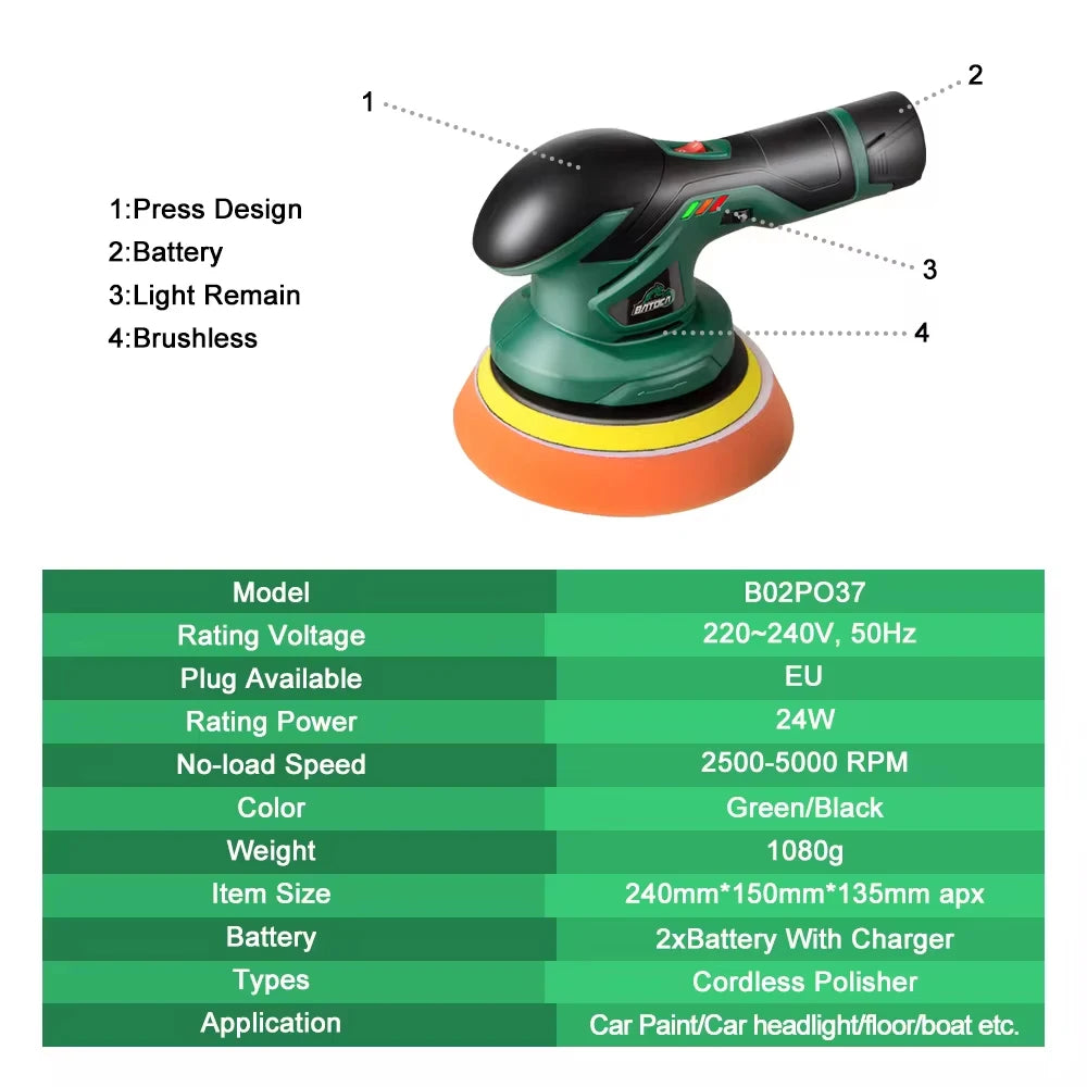 BATOCA 12V Cordless Dual Action Car Polisher — Wireless Electric Polishing Machine with Adjustable Power Tools