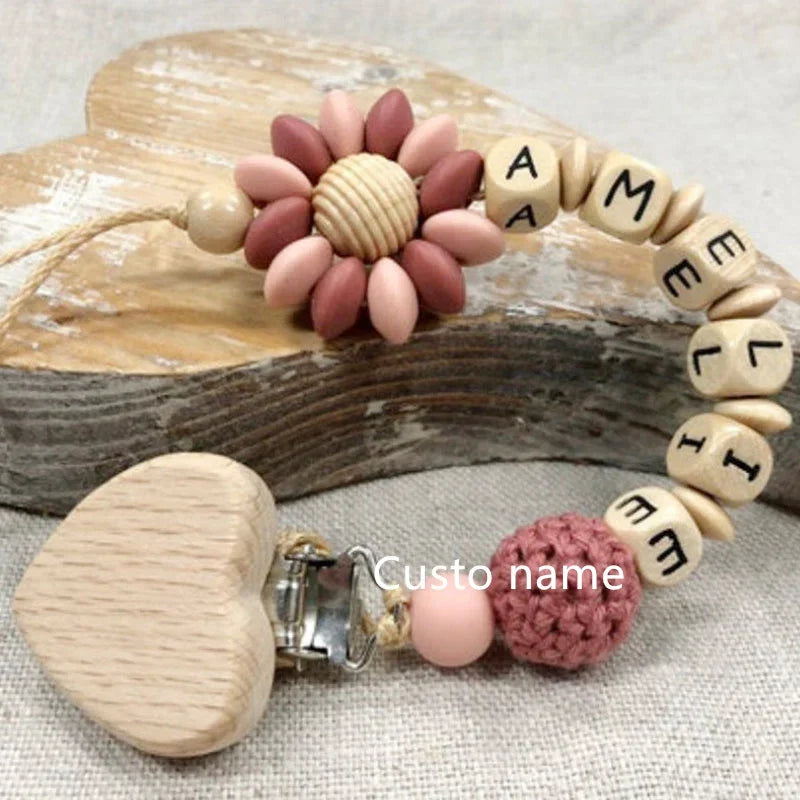 DIY Custom Name Silicone Beads & Wooden Ring Pacifier Clip – Safe Baby Teether, Eco-Friendly Dummy Chain Gift