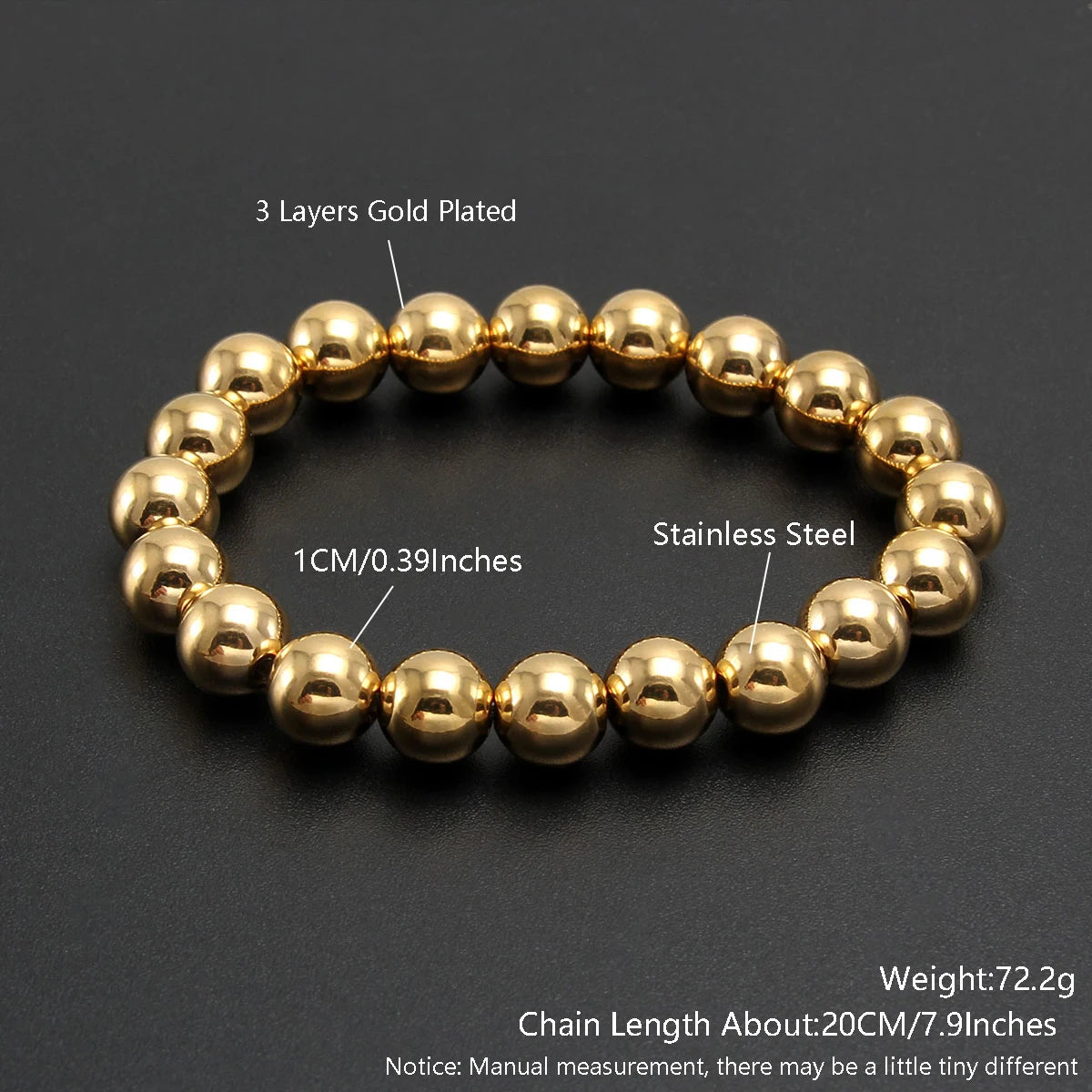 MHS.SUN Trendy Stainless Steel Stretch Bracelet — Gold & Silver Beaded 2mm/5mm/8mm for Men & Women