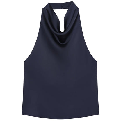 HXAO Women’s Satin Halter Top – Summer 2025 Black & Yellow Crop Tank, Off-Shoulder Sleeveless Backless Vest