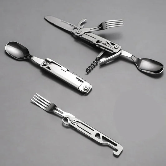 Multi-Function Outdoor Tableware: Portable Foldable Cutlery Set with Knife, Fork, Spoon, and Bottle Opener - Camping Equipment Essential