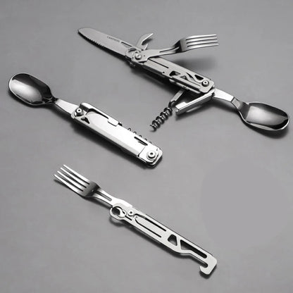 Outdoor Multi-Function Portable Tableware - Foldable Cutlery Set with Knife, Fork, Spoon, and Bottle Opener for Camping