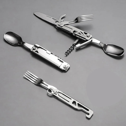 Outdoor Multi-Function Portable Tableware - Foldable Cutlery Set with Knife, Fork, Spoon, and Bottle Opener for Camping