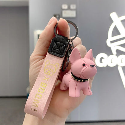 French Bulldog Keychain - Punk Style PU Leather Bag Pendant for Women & Men, Car Key Ring