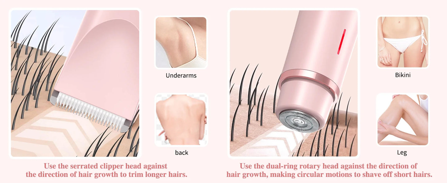 2-in-1 Dual-Head Electric Razor for Women – Painless Bikini Trimmer Wet & Dry Use with Detachable Heads