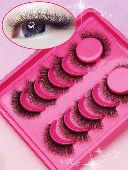 5 Pairs Cat Eye Faux Mink Eyelashes – Winged Long Natural Manga Style False Lashes Makeup Set