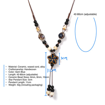Handmade Ceramic Star Pendant Necklace - Adjustable Long Boho Blue Gem Jewelry for Women