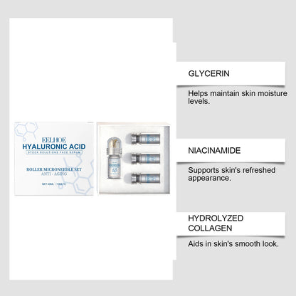 Hyaluronic Acid Face Serum Set - Moisturizing Anti-Wrinkle Facial Treatment with Roller Microneedle Tool