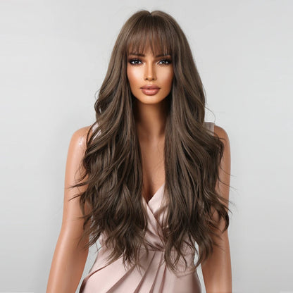 Brown Wavy Long Wig for Women with Bangs — Natural-Look Synthetic Hair, Heat-Resistant for Daily & Cosplay