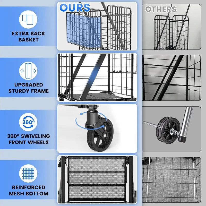Extra Large Collapsible Grocery Cart on Wheels — Heavy Duty Shopping Cart with Baskets & Waterproof Liner