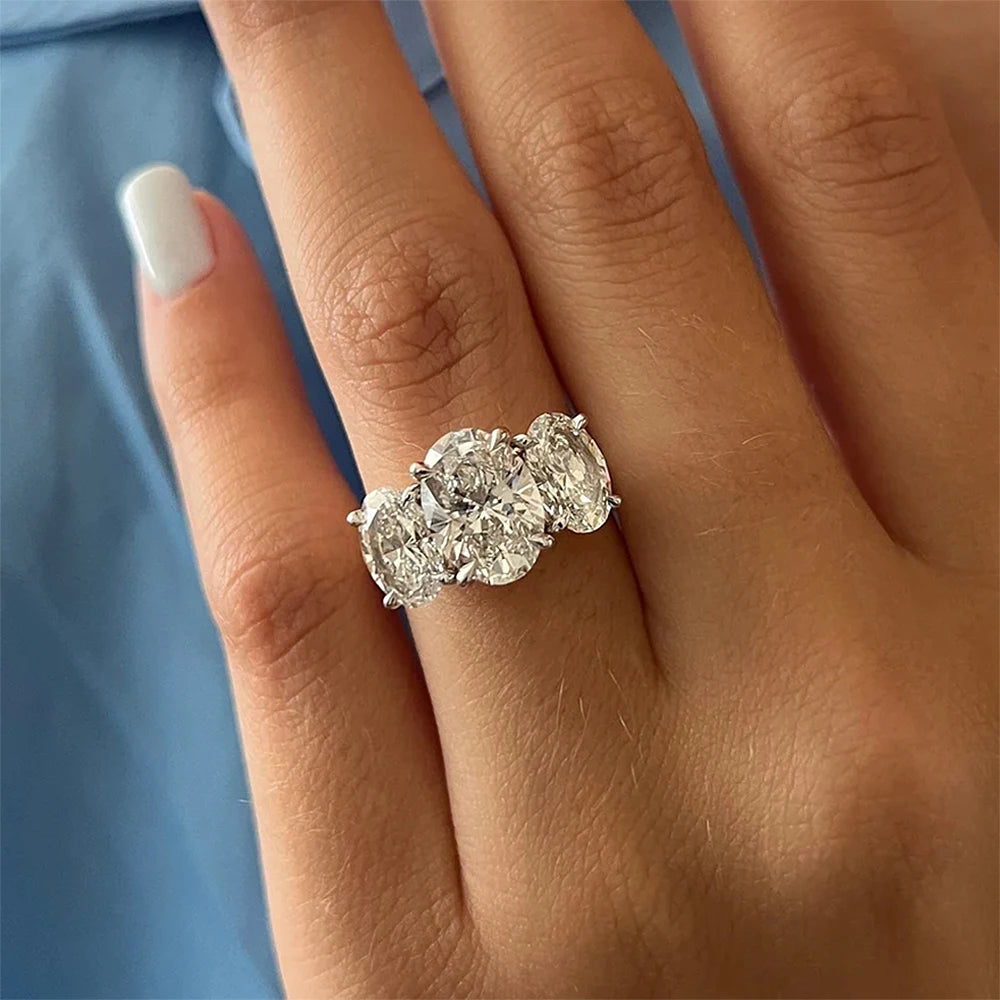 Certified 3/6cttw Real Moissanite 3-Stone Oval Engagement Ring — 925 Sterling Silver Wedding Band for Women