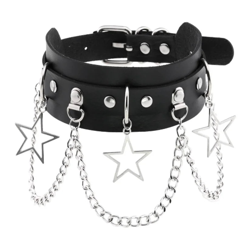 Harajuku Gothic Spike Rivet Star Choker Necklace – Black Bowknot PU Lace Leather Y2K Hip Hop Rock Jewelry for Girls